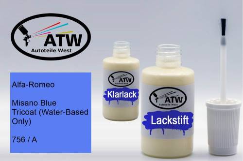 Alfa-Romeo, Misano Blue Tricoat (Water-Based Only), 756 / A: 20ml Lackstift + 20ml Klarlack - Set, von ATW Autoteile West.